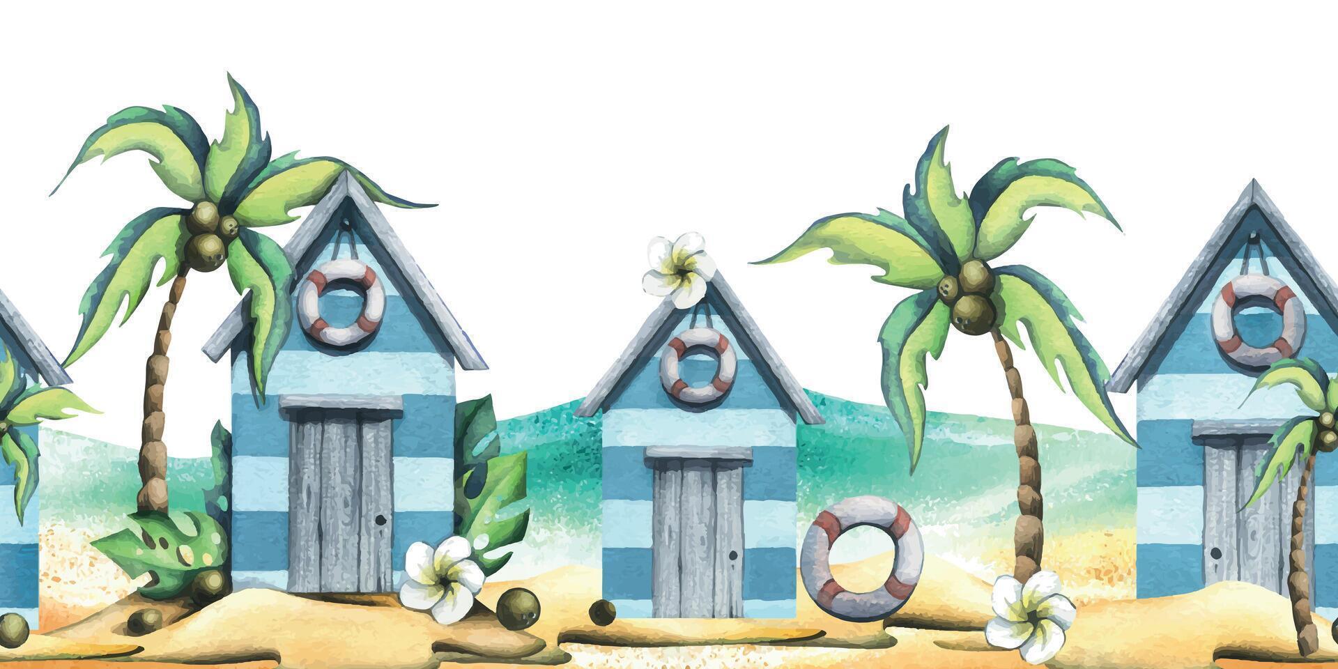 Beach, sea houses, cute, wooden with coconut palms on a sandy island. Watercolor illustration in cartoon style. Seamless summer, beach border for fabric, textiles, wallpaper, packaging, souvenirs. vector