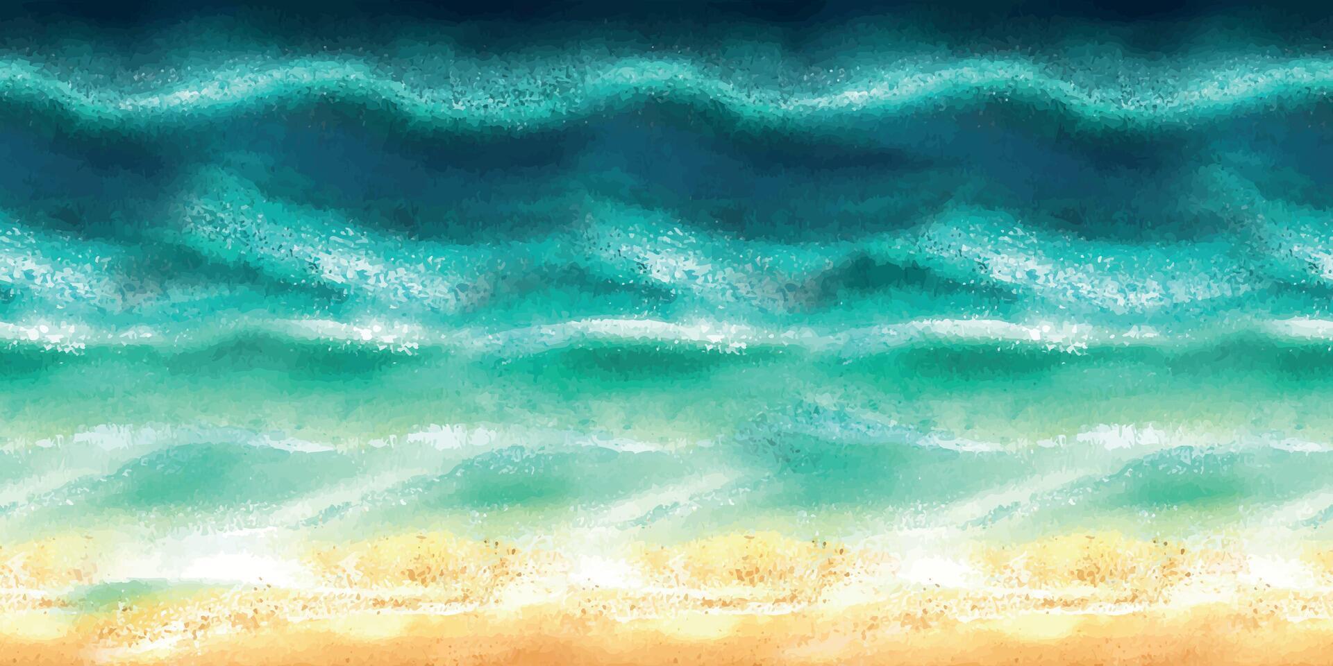 Seashore, ocean with sand and azure waves, top view. Watercolor illustration, painting. For the background, decoration and design of posters, postcards, banners, prints, decor. Seamless border. vector