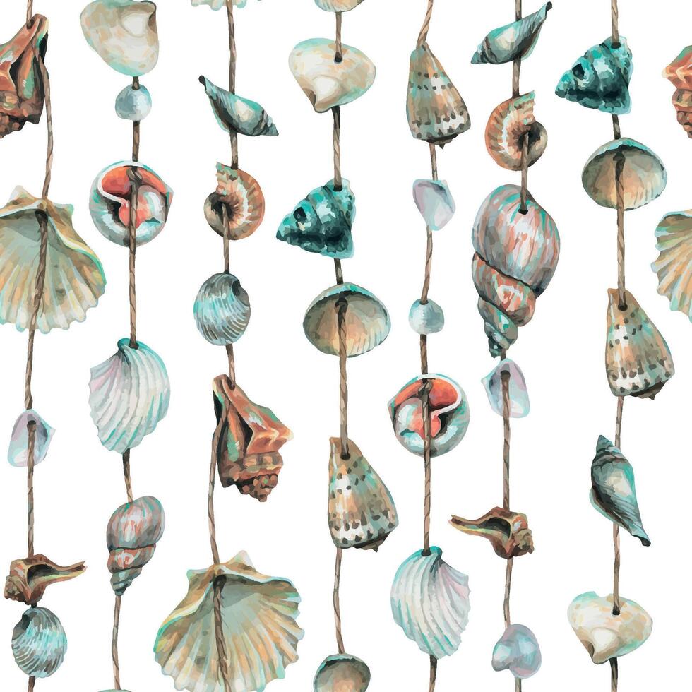 Various seashells are round, spiral, suspended on ropes. Marine garlands for decoration. Hand drawn watercolor illustration. Seamless pattern on a white background vector