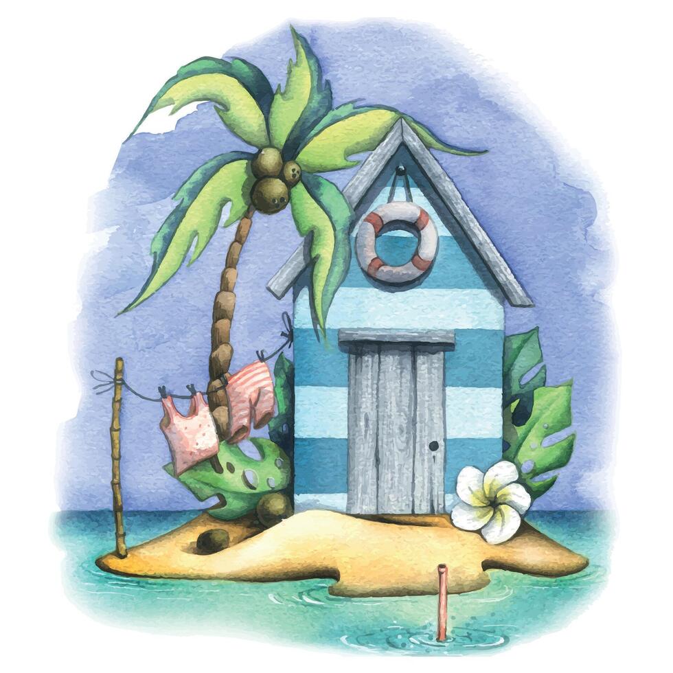 A tropical island with a house, a palm tree and coconuts, with clothes on the background of the sea or ocean and the sky. Watercolor illustration in cartoon style. For decoration and design. vector