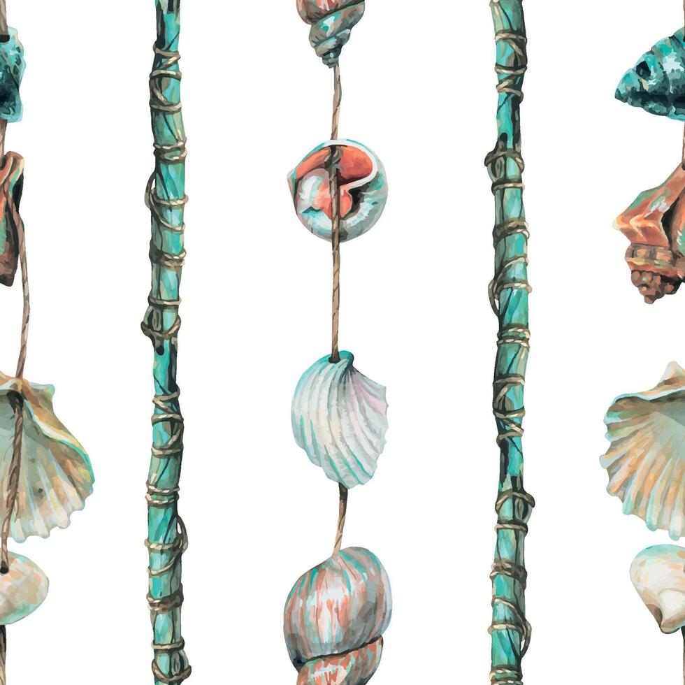 Seashells are hung on turquoise wooden sticks. Hand drawn watercolor illustration. Seamless sea, beach, summer seamless pattern for decoration and design. vector