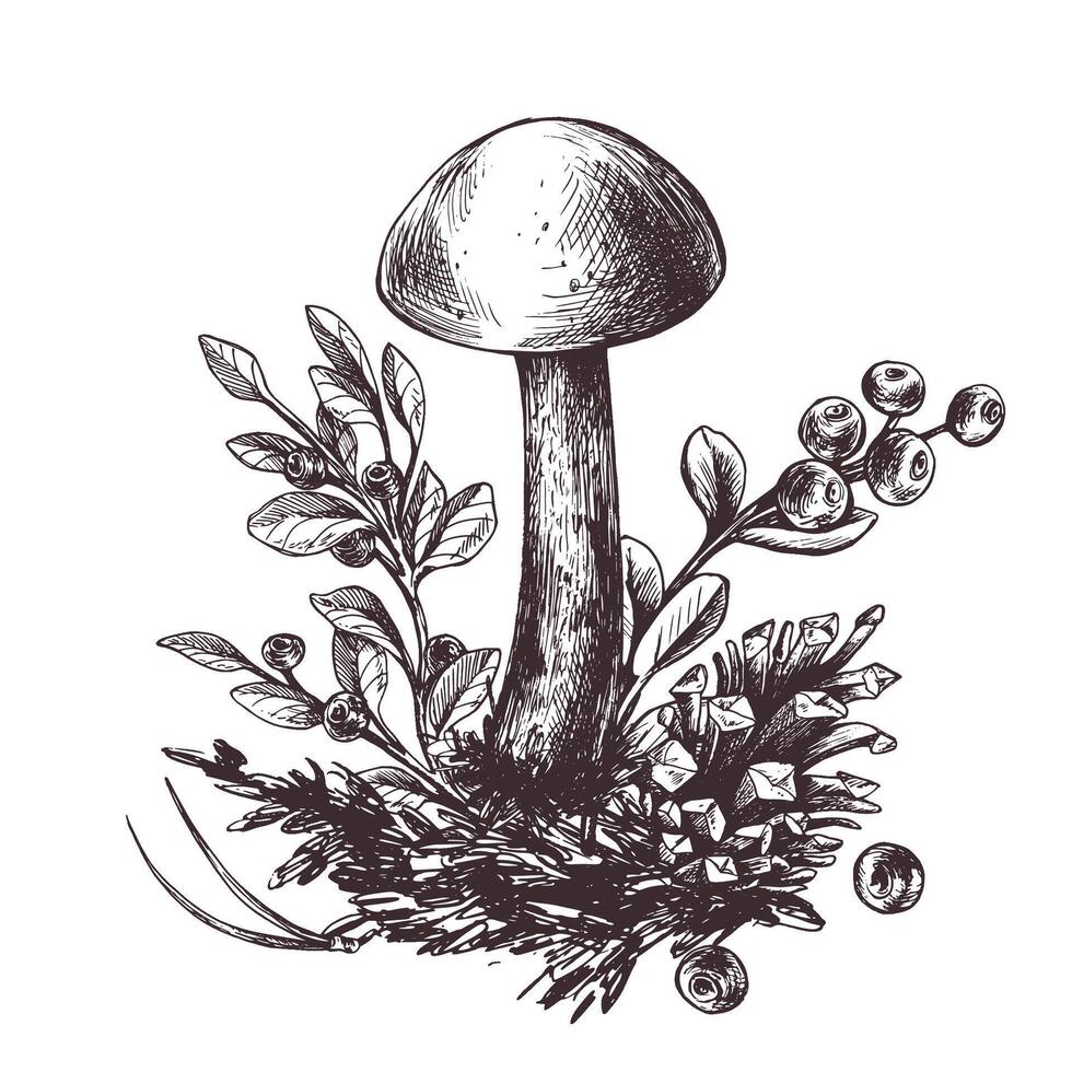 Mushrooms forest boletus with grass, blueberries, moss and cone. Graphic botanical illustration hand drawn in brown ink. For recipes, packaging, autumn festival, harvest. Isolated composition vector