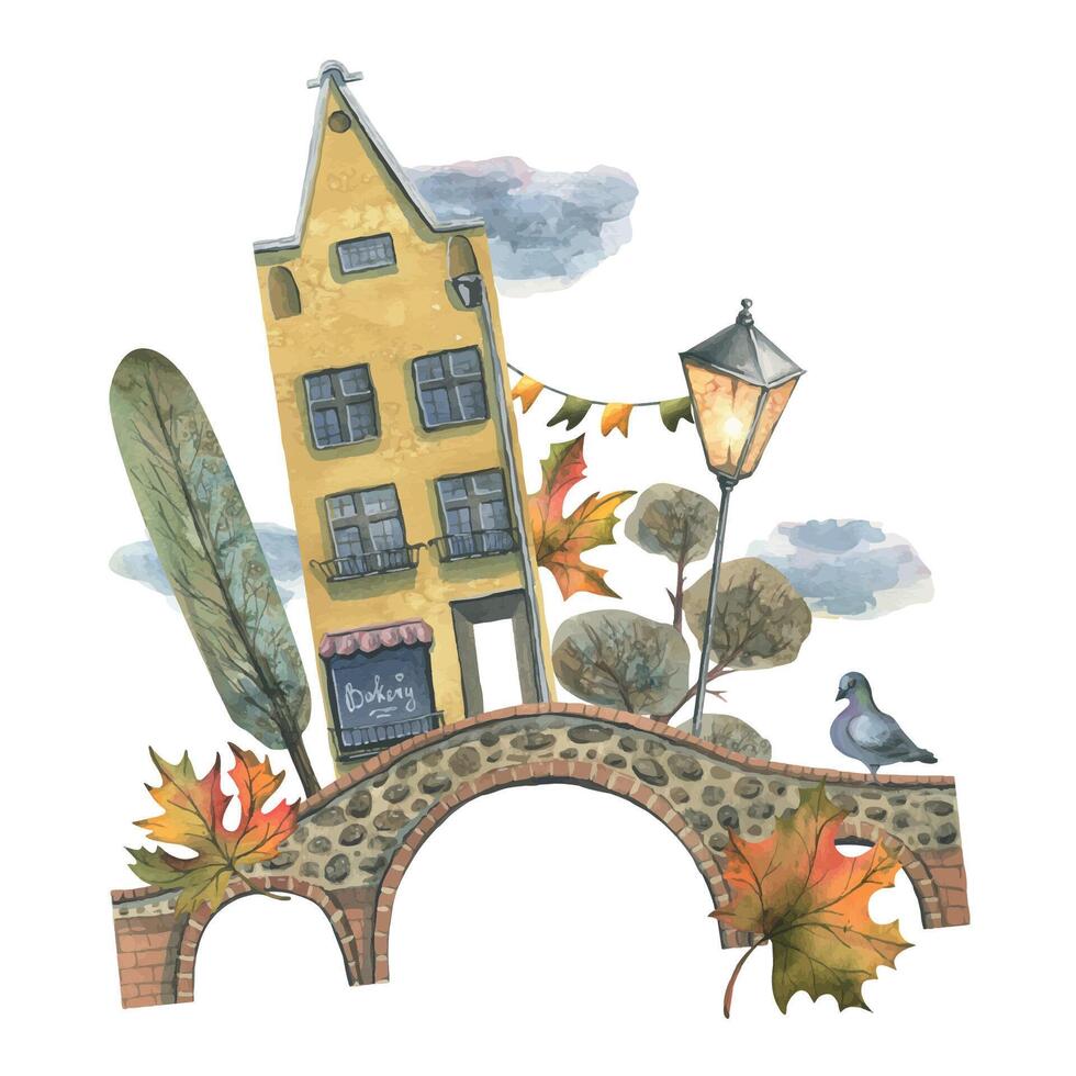 Ancient European houses are colorful, with autumn trees and leaves, stone bridges and lanterns. Hand drawn watercolor illustration. The composition is isolated from the background vector