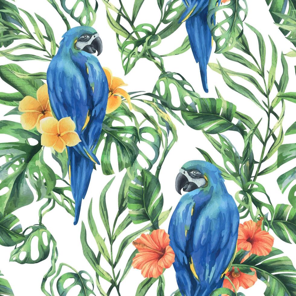 tropical palma hojas, monstera y flores de plumería, hibisco, brillante jugoso con azul amarillo guacamayo loro. mano dibujado acuarela botánico ilustración. sin costura modelo en el blanco antecedentes. vector