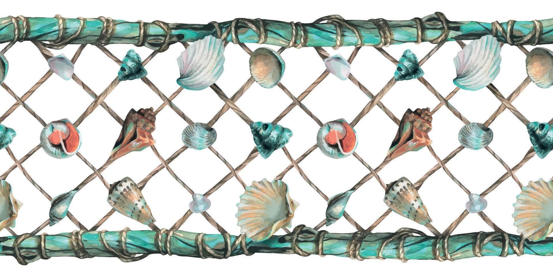 Seashells are hung on a fishing net made of ropes stretched between wooden sticks. Hand drawn watercolor illustration. Seamless sea, beach, summer border for decoration and design. vector