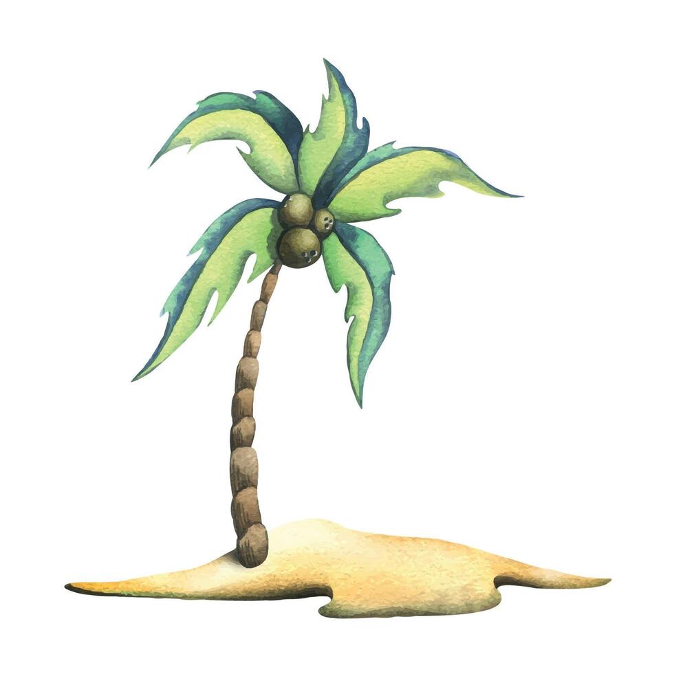 un Coco árbol con cocos y grande verde hojas soportes en un arenoso tropical isla. acuarela ilustración mano dibujado en dibujos animados estilo. composición aislado desde el antecedentes. vector