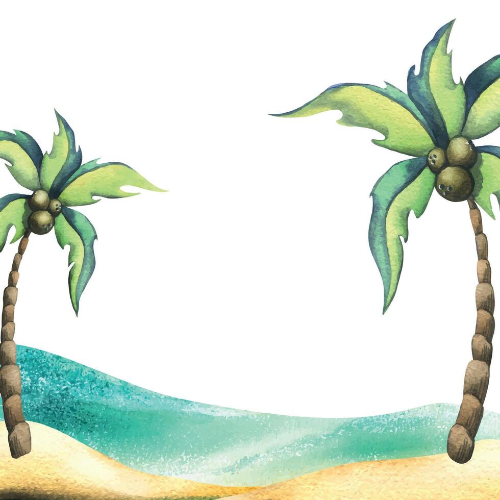 Seashore, ocean with sand and azure waves, coconut palms. Watercolor illustration, painting. For the background, decoration and design of posters, postcards, banners, prints, decor. vector