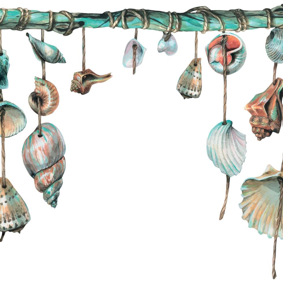 Seashells are hung on turquoise wooden sticks. Hand drawn watercolor illustration. Seamless sea, beach, summer frame, template for decoration and design. vector