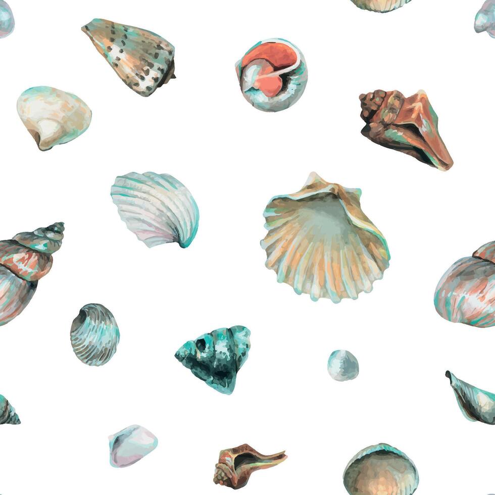 Seashell Pattern on isolated background. Hand drawn watercolor seamless ornament with Sea Shells for wrapping paper or textile in nautical style. Underwater illustration with cockleshell and scallop vector