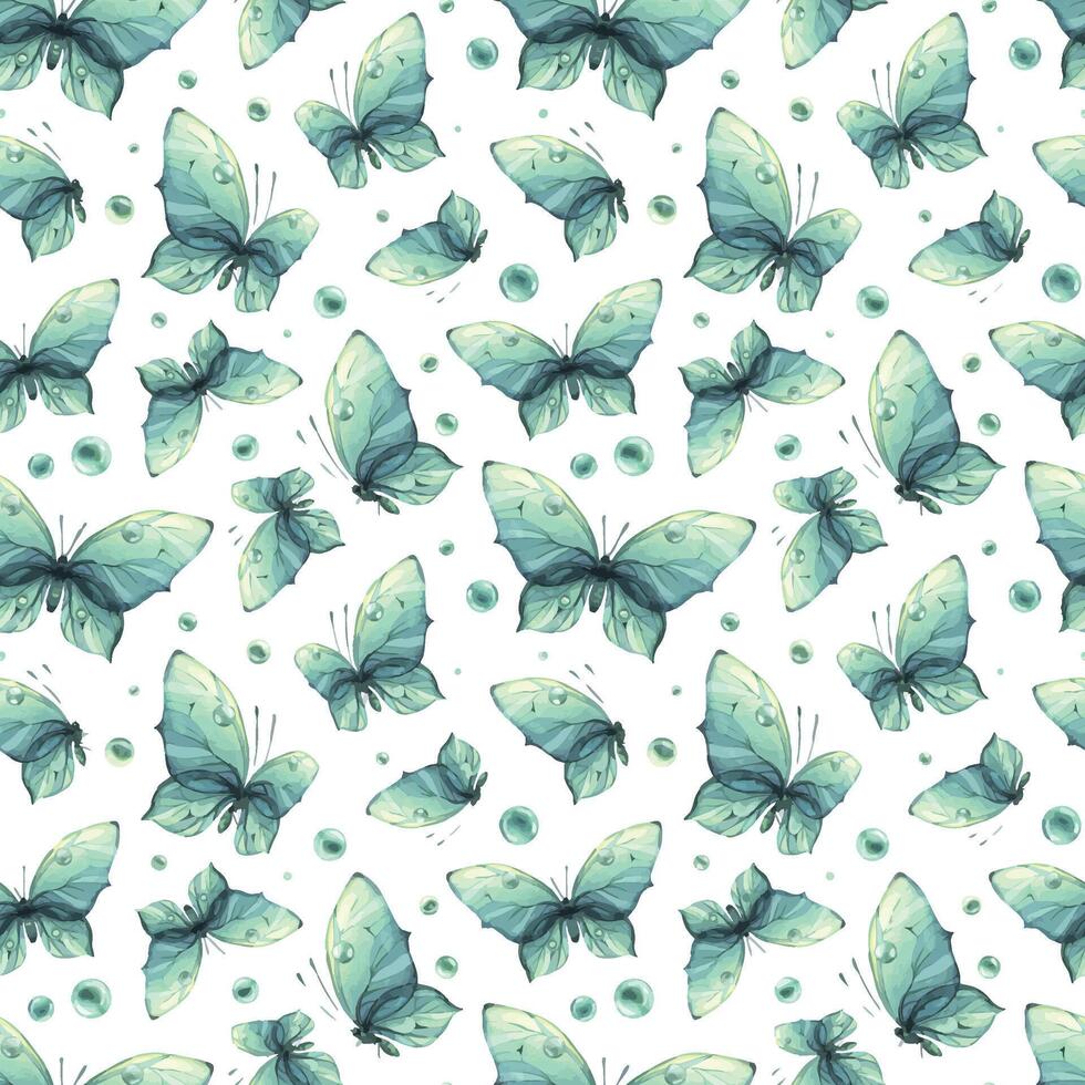 Delicate turquoise and blue butterflies with bubbles are airy, light, beautiful. Hand drawn watercolor illustration. Seamless pattern on a white background for fabric, textiles, wallpaper, packaging vector