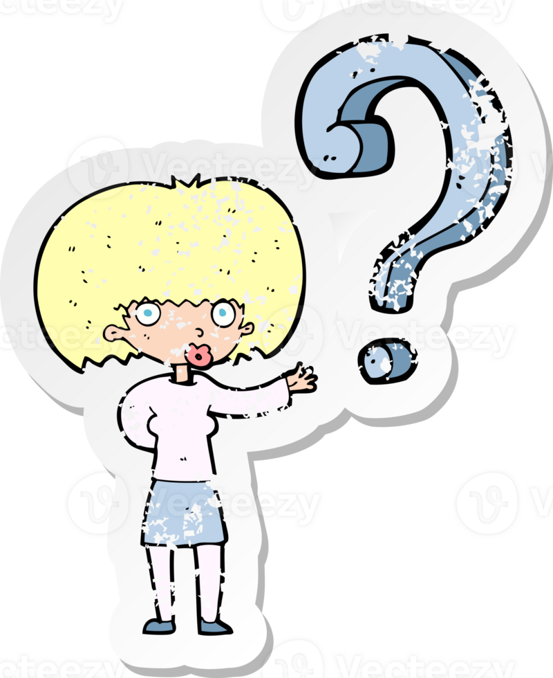 retro distressed sticker of a cartoon woman with question png