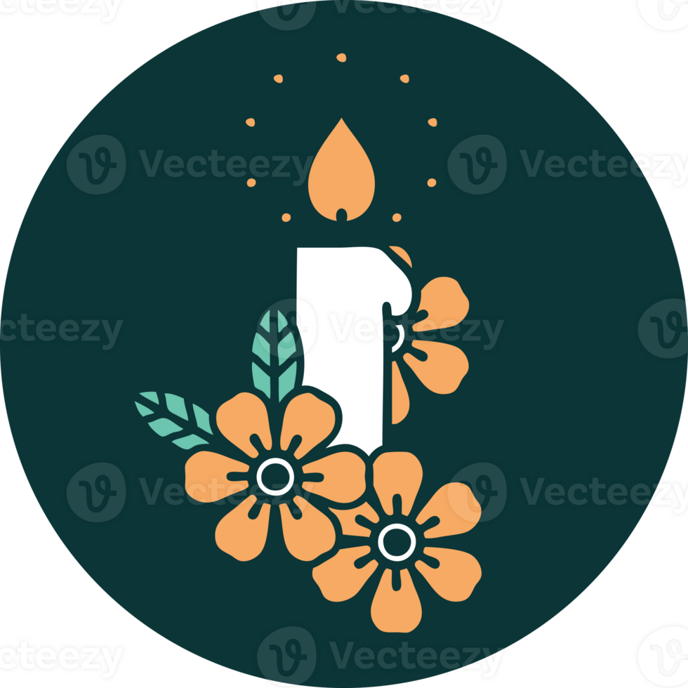 iconic tattoo style image of a candle and flowers png
