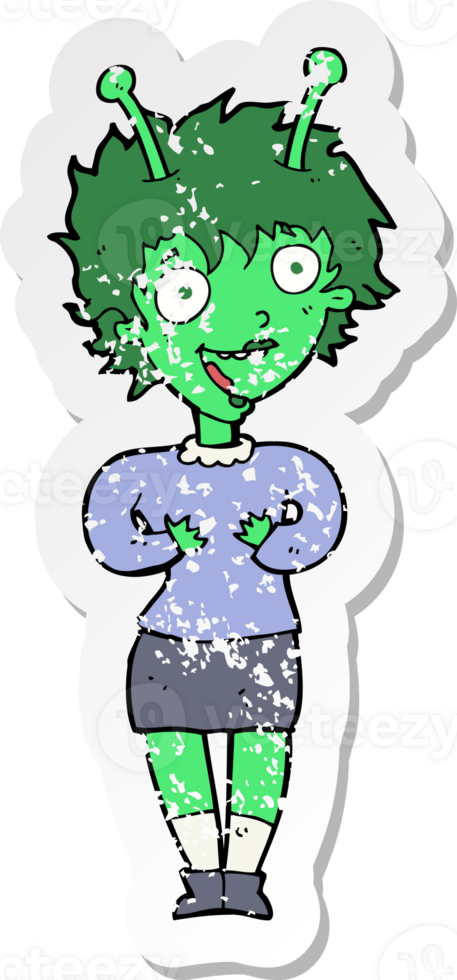 retro distressed sticker of a cartoon alien woman png