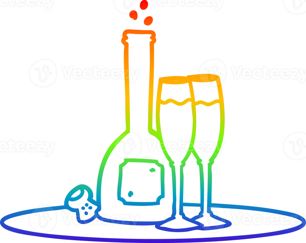 rainbow gradient line drawing of a cartoon champagne on tray png
