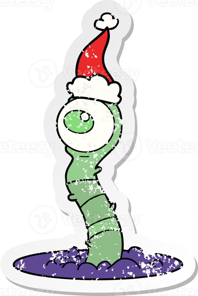 hand drawn distressed sticker cartoon of a alien swamp monster wearing santa hat png