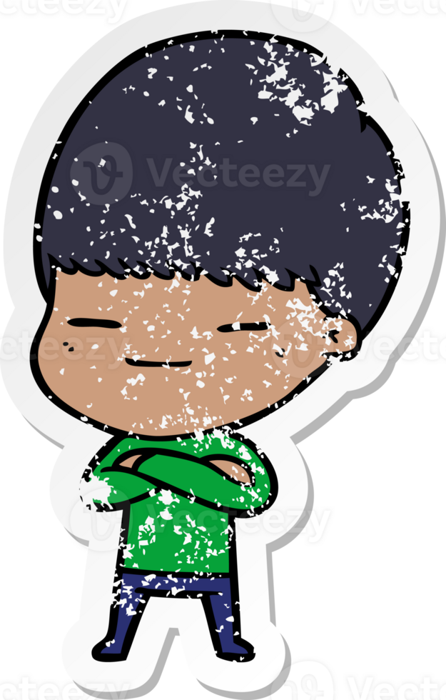 distressed sticker of a cartoon smug boy png