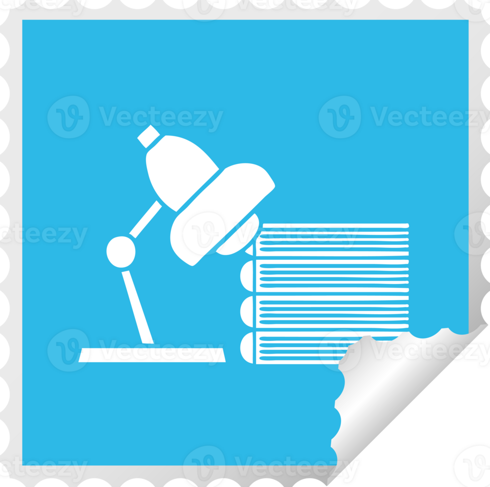 square peeling sticker cartoon of a study books and lamp png
