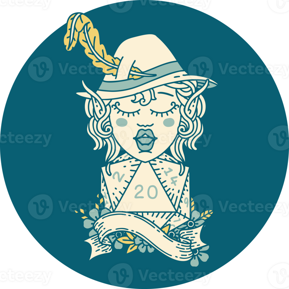 Retro Tattoo Style elf bard with natural twenty dice roll png