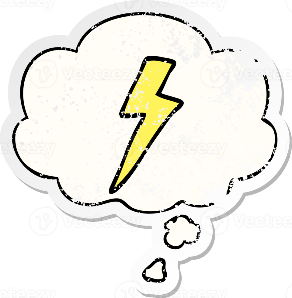 cartoon lightning bolt with thought bubble as a distressed worn sticker png