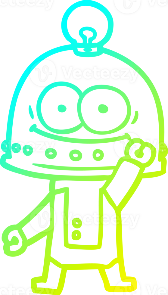 cold gradient line drawing of a happy carton robot with light bulb png