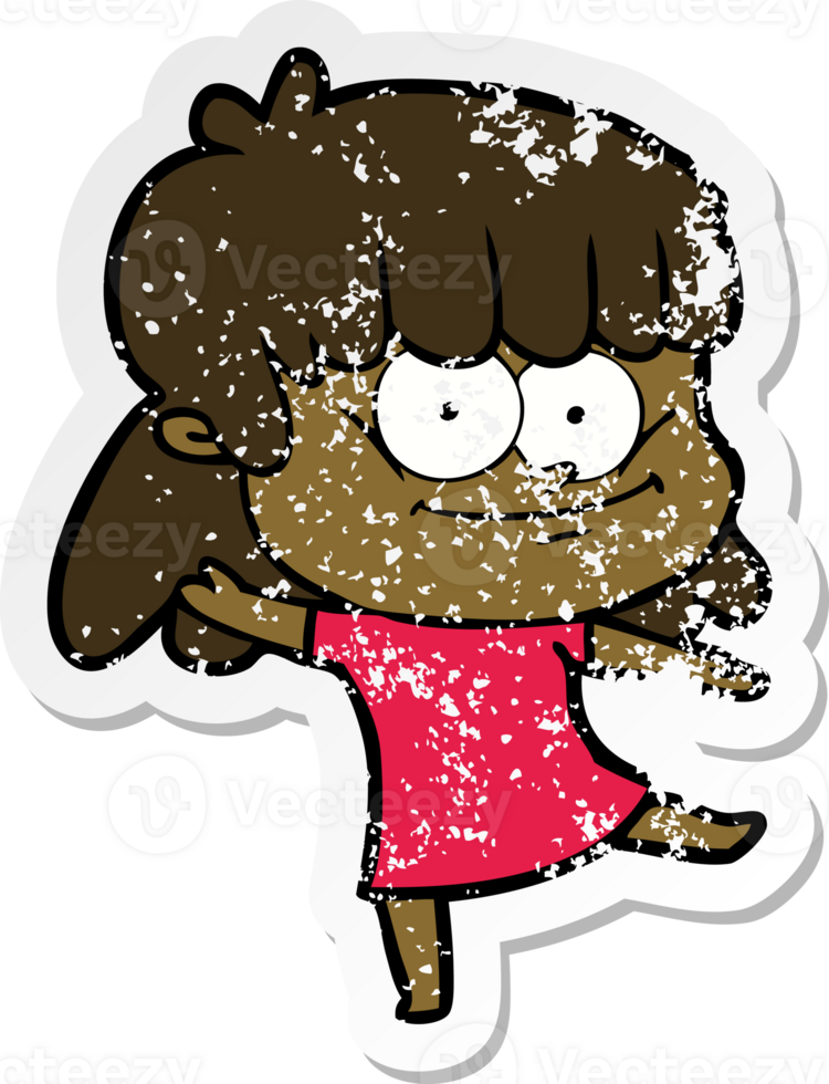 distressed sticker of a cartoon smiling woman png