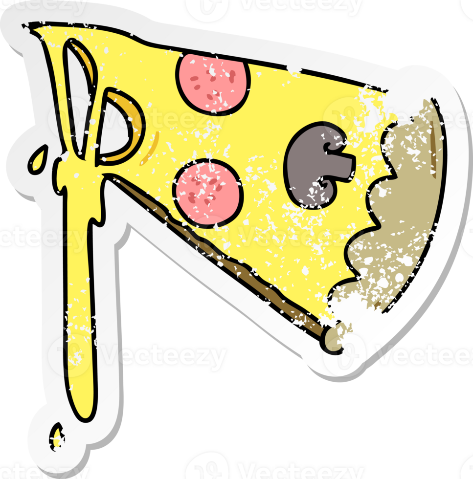 distressed sticker of a quirky hand drawn cartoon slice of pizza png