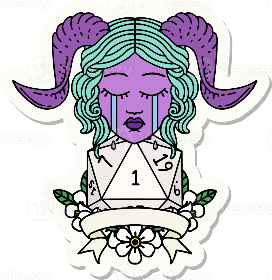 sticker of a crying tiefling face with natural 1 D20 Dice png