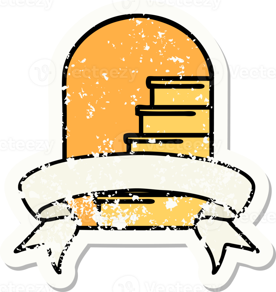 worn old sticker with banner of a doorway to steps png