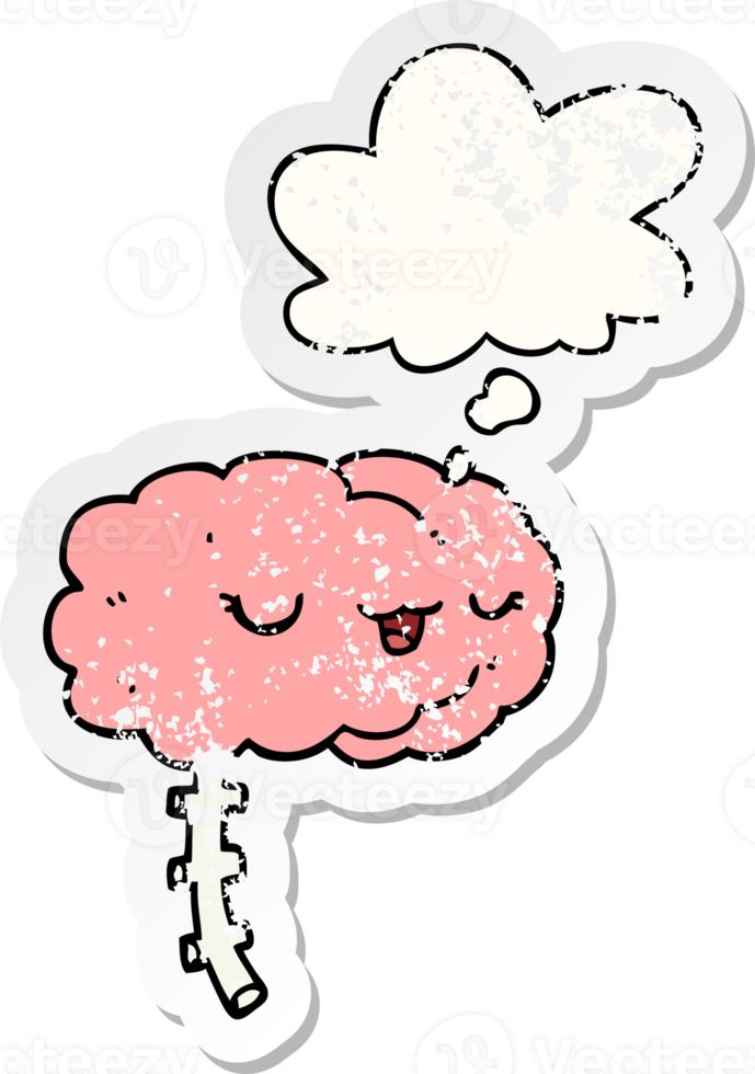 happy cartoon brain with thought bubble as a distressed worn sticker png