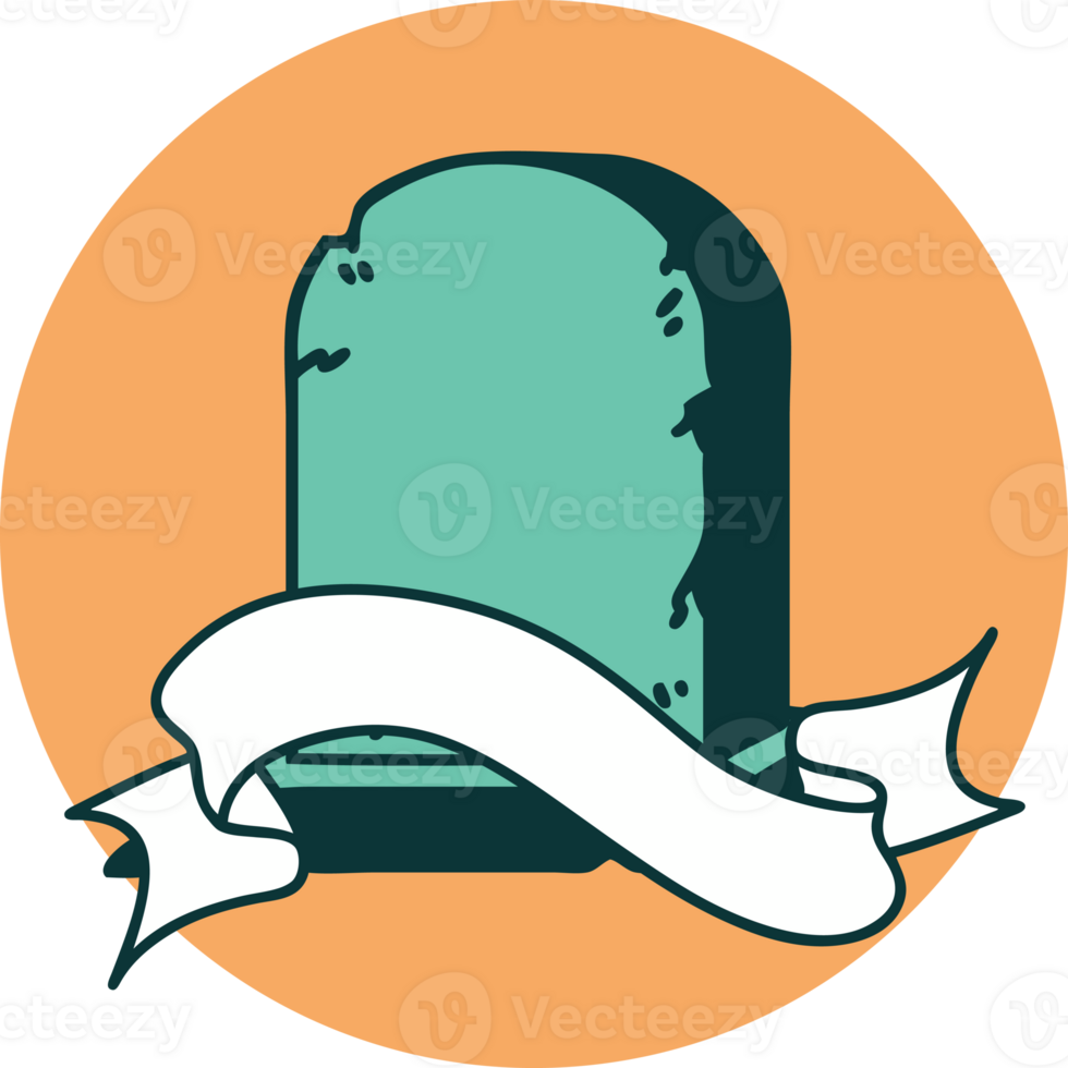 tattoo style icon with banner of a grave stone png