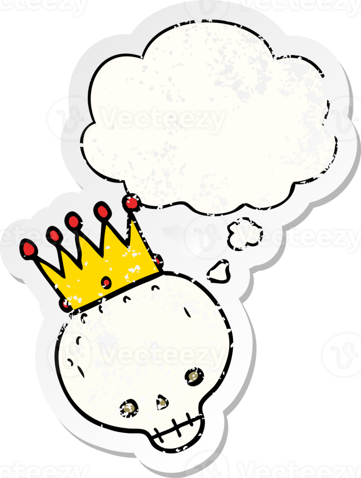 cartoon skull with crown with thought bubble as a distressed worn sticker png