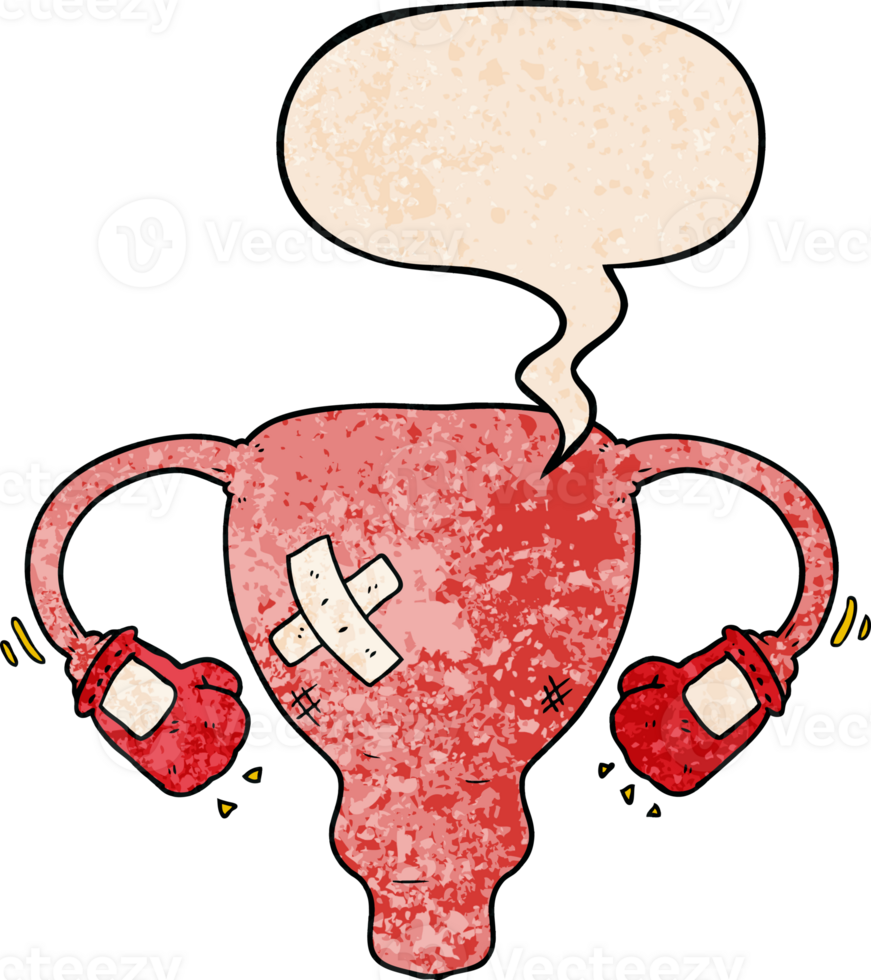 cartoon beat up uterus and boxing gloves and speech bubble in retro texture style png