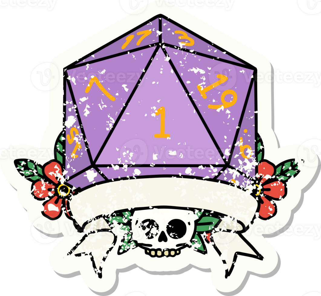 natural one d20 dice roll grunge sticker png
