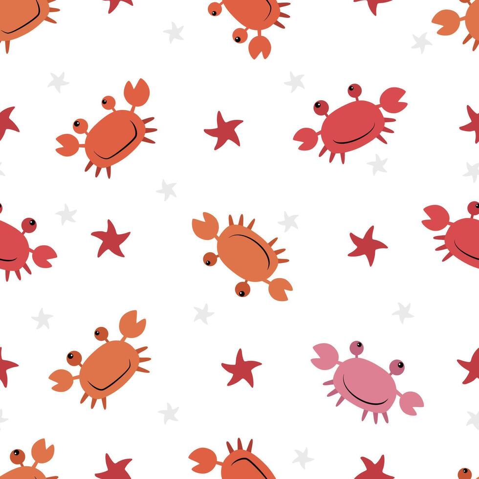 Seamless pattern with cute cartoon crabs and starfishes vector