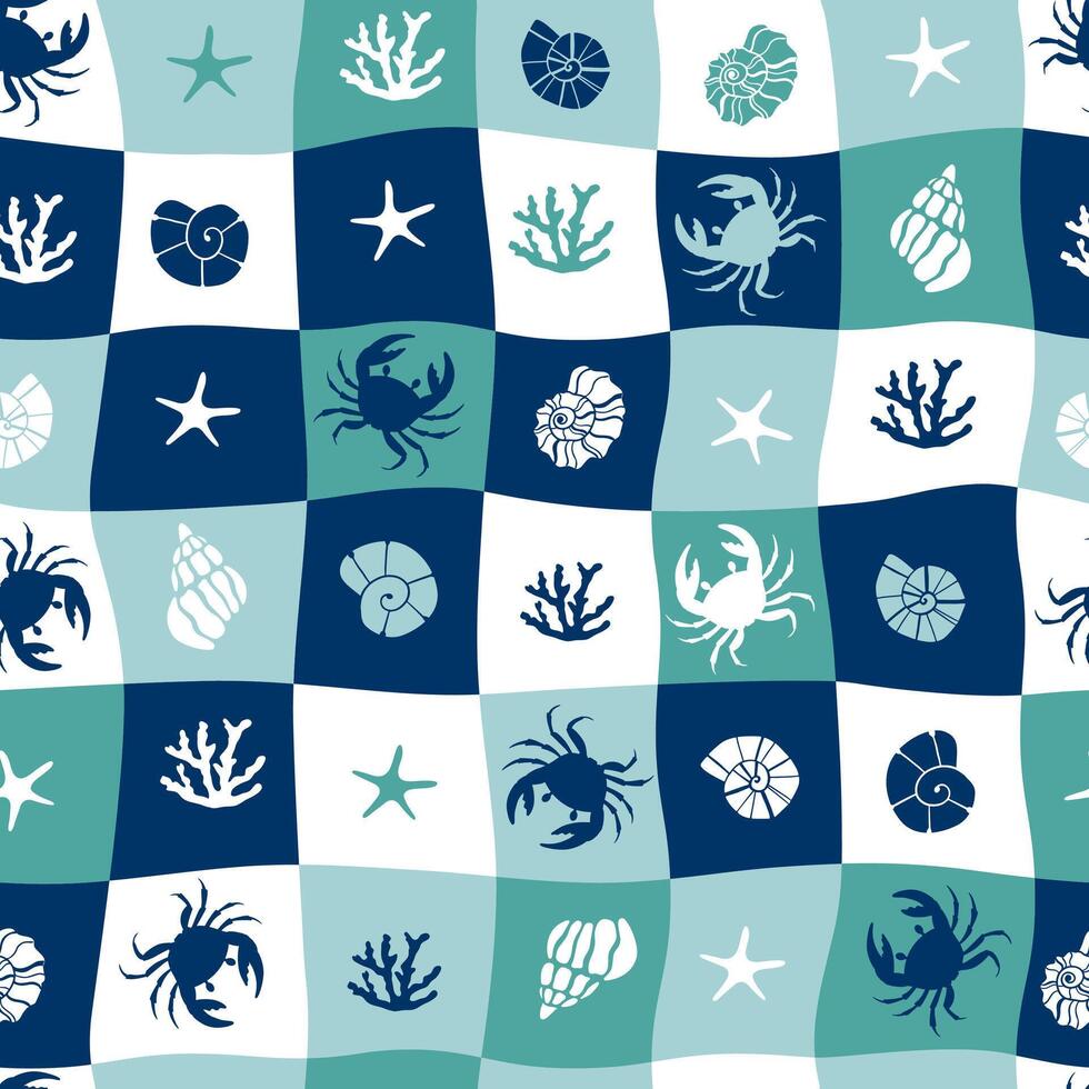 Geometric print with crabs, algae, starfish and shells. Summer seamless pattern vector
