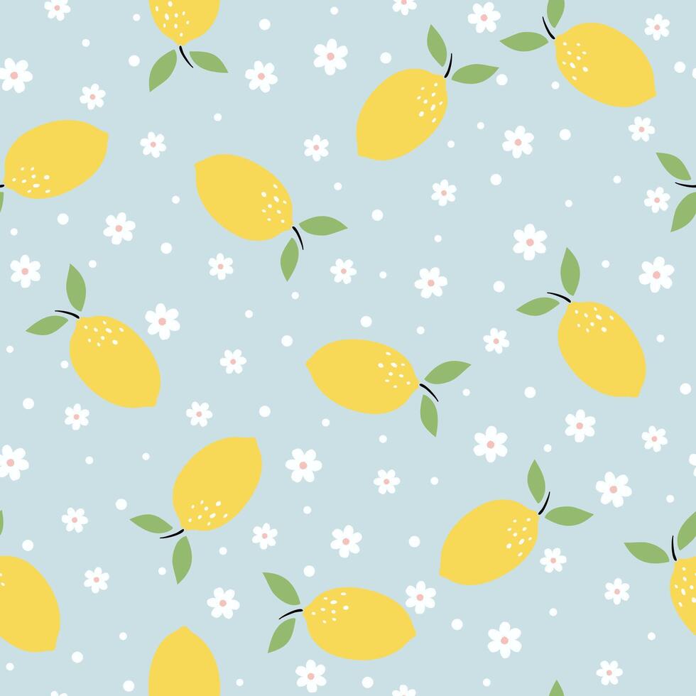 Yellow fruits of lemon with leaves and flowers. Seamless citrus pattern vector