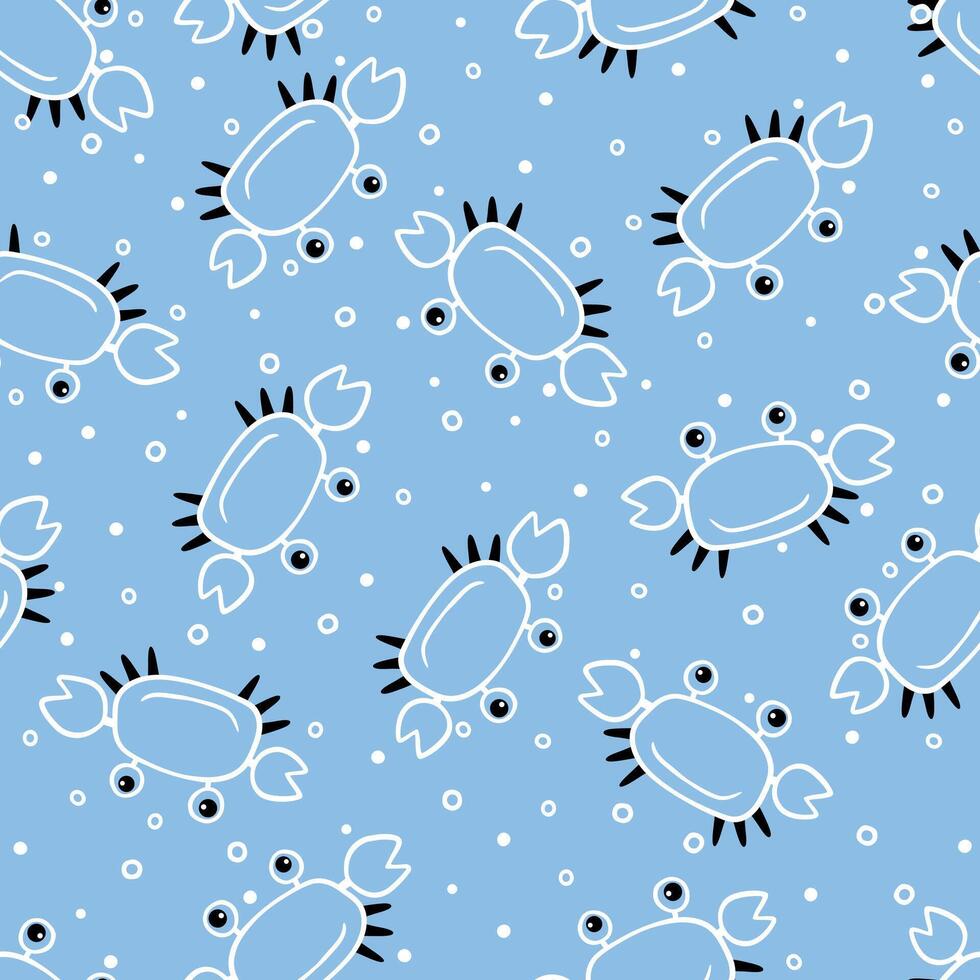 gracioso dibujos animados cangrejos con burbujas en azul, sin costura verano modelo vector