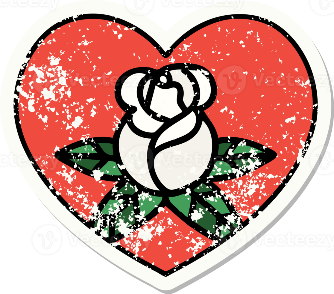 traditional distressed sticker tattoo of a heart and flowers png