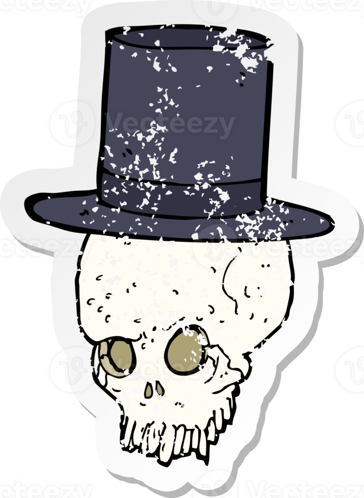 retro distressed sticker of a cartoon skull in top hat png