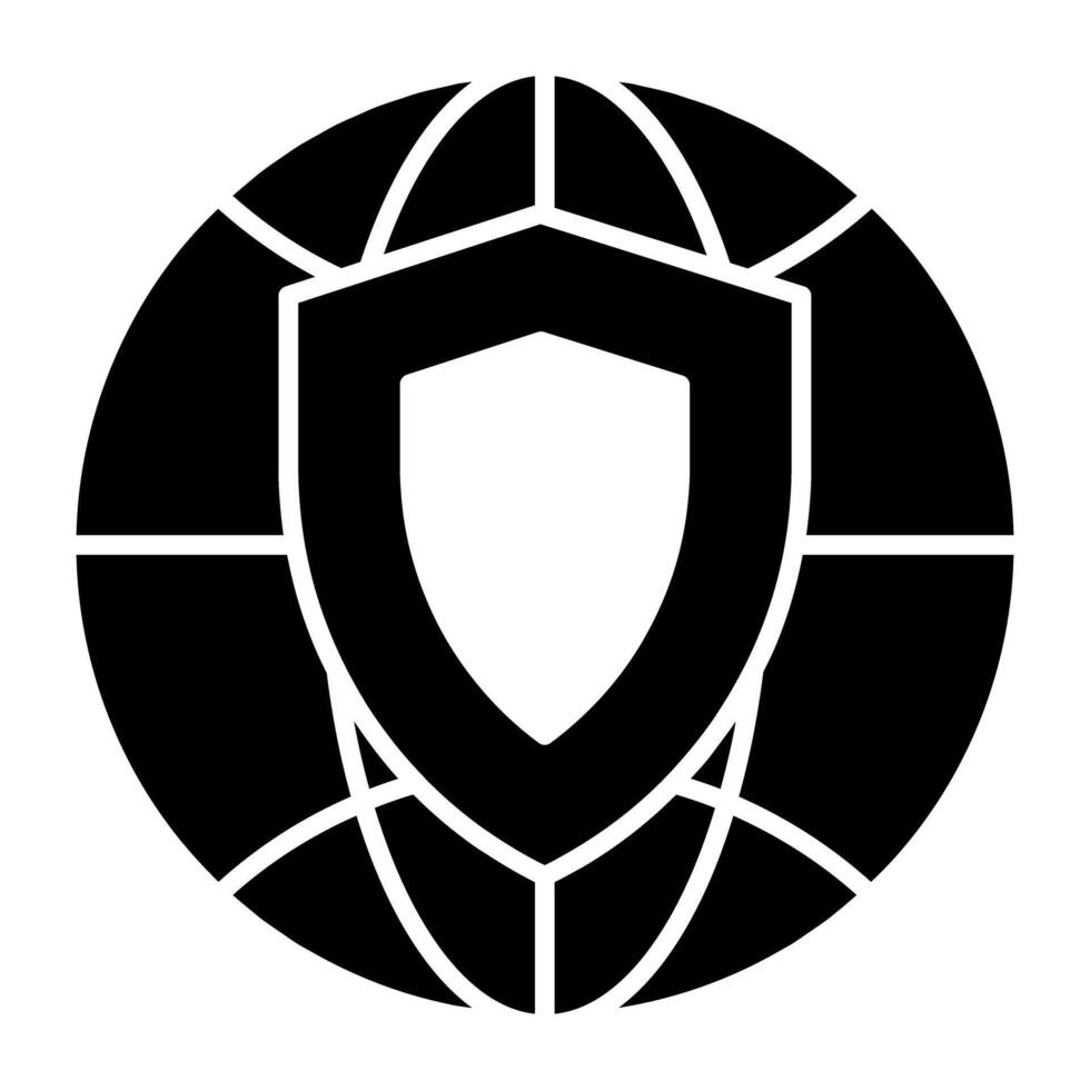 Global security icon in solid design, shield with globe vector