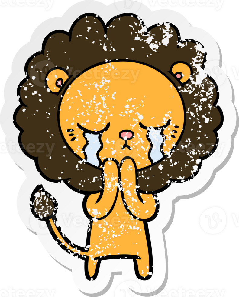 distressed sticker of a crying cartoon lion png