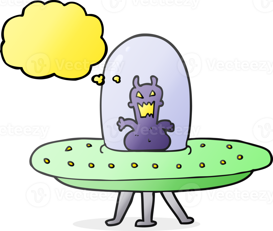 hand drawn thought bubble cartoon alien in flying saucer png