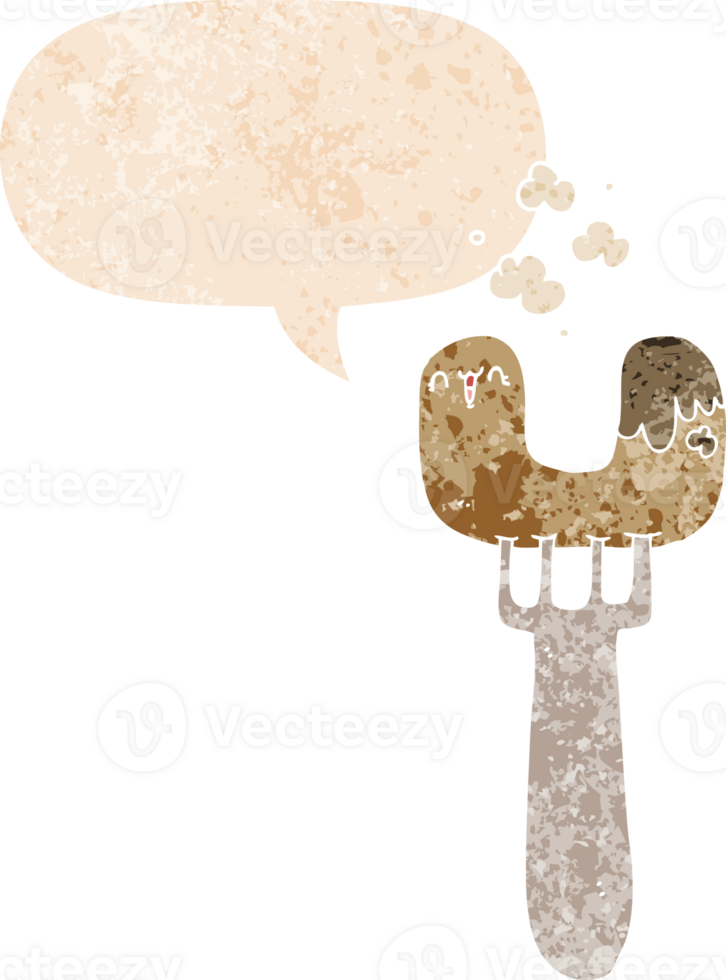 cartoon sausage on fork with speech bubble in grunge distressed retro textured style png