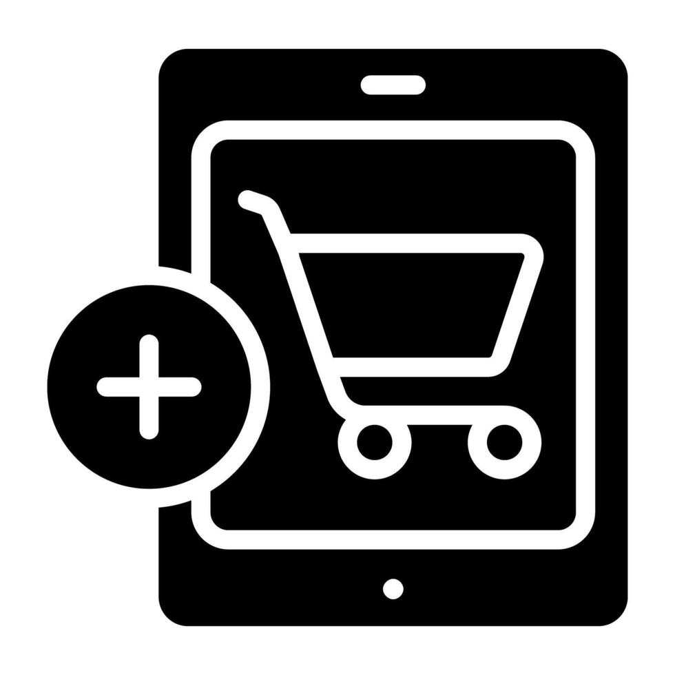 Add to cart icon, solid design of trolley with downward arrow vector