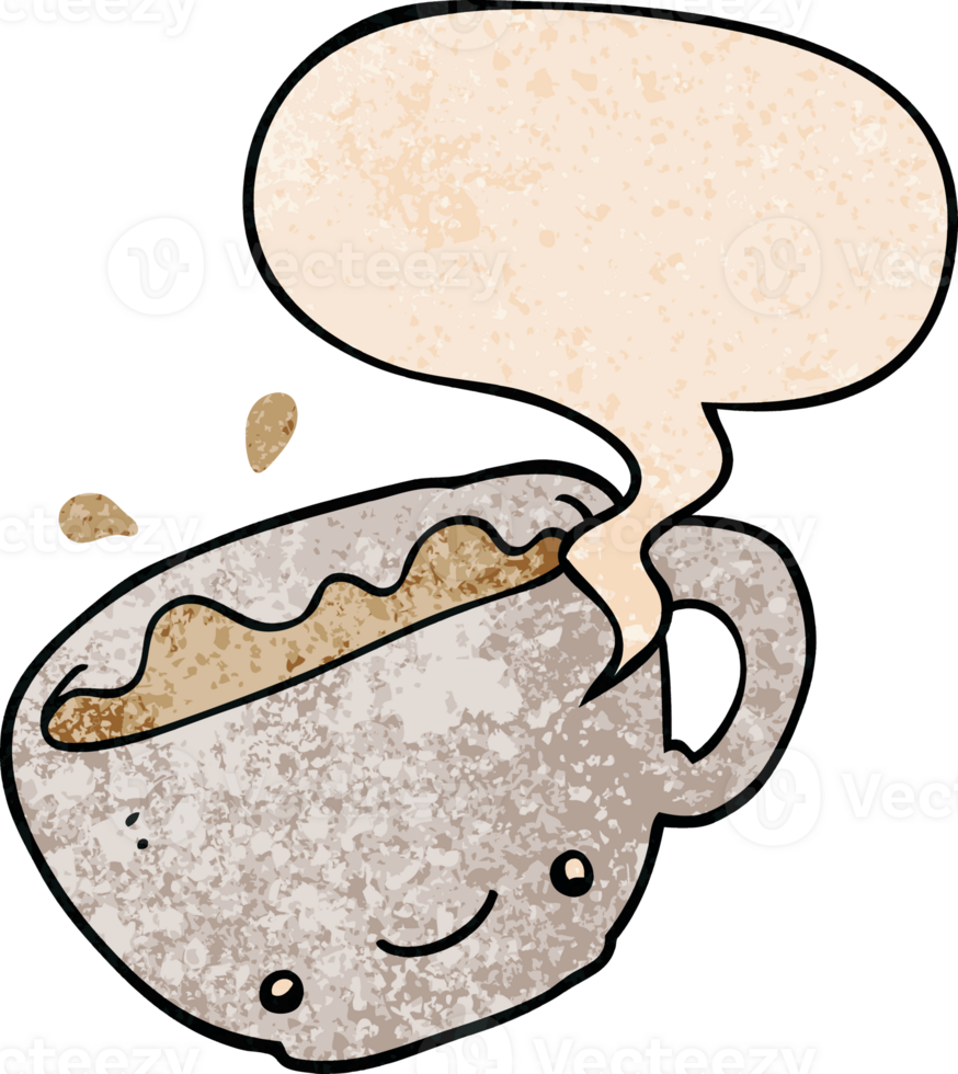 cartoon cup of coffee with speech bubble in retro texture style png