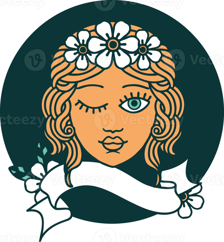 tattoo style icon with banner of a maidens face winking png