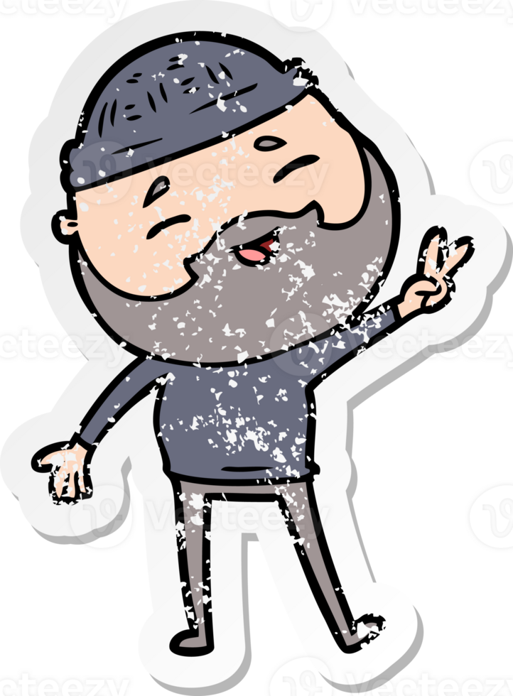 distressed sticker of a cartoon happy bearded man png