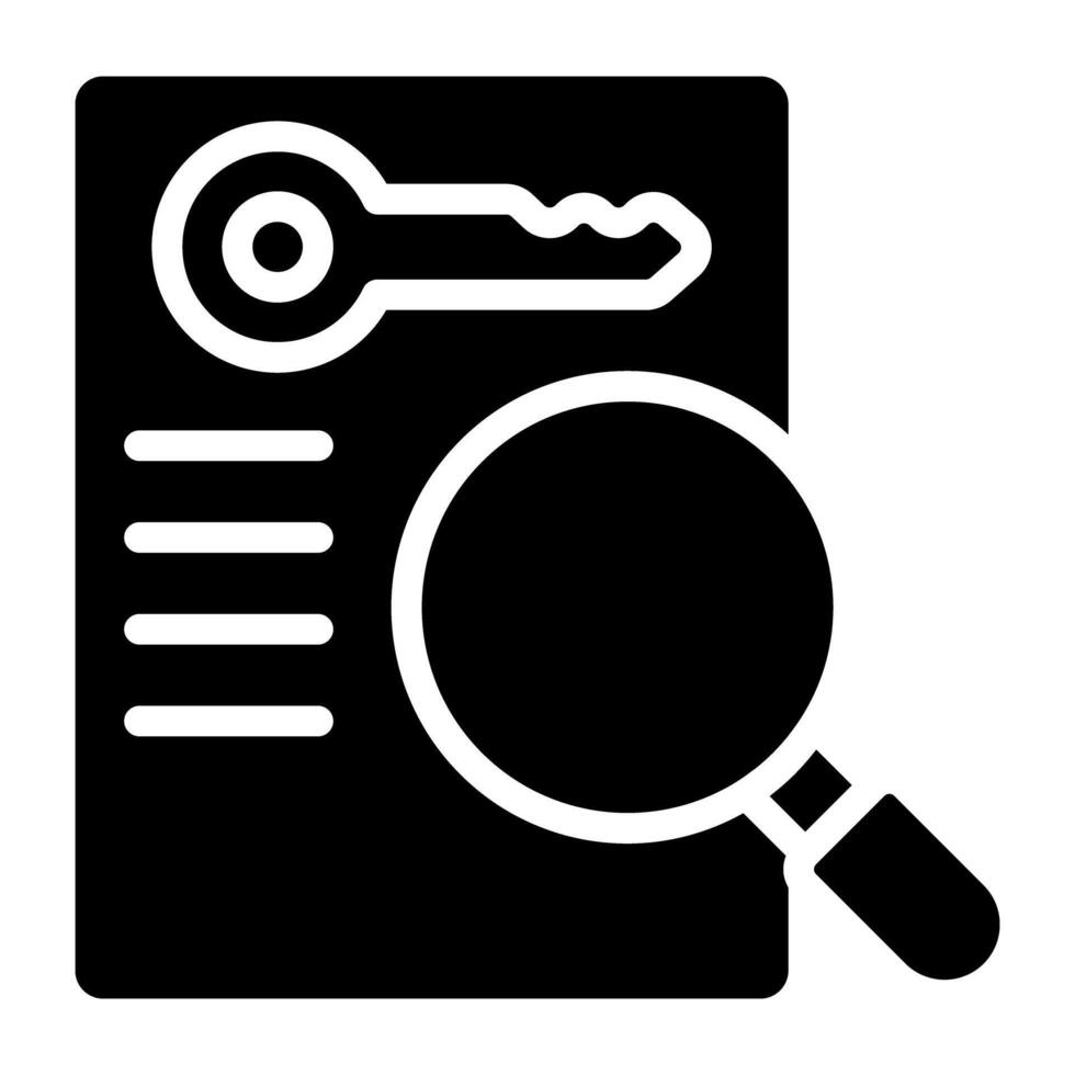 Key under magnifying glass on paper, icon of keyword research vector