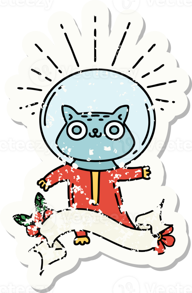 worn old sticker of a tattoo style cat in astronaut suit png