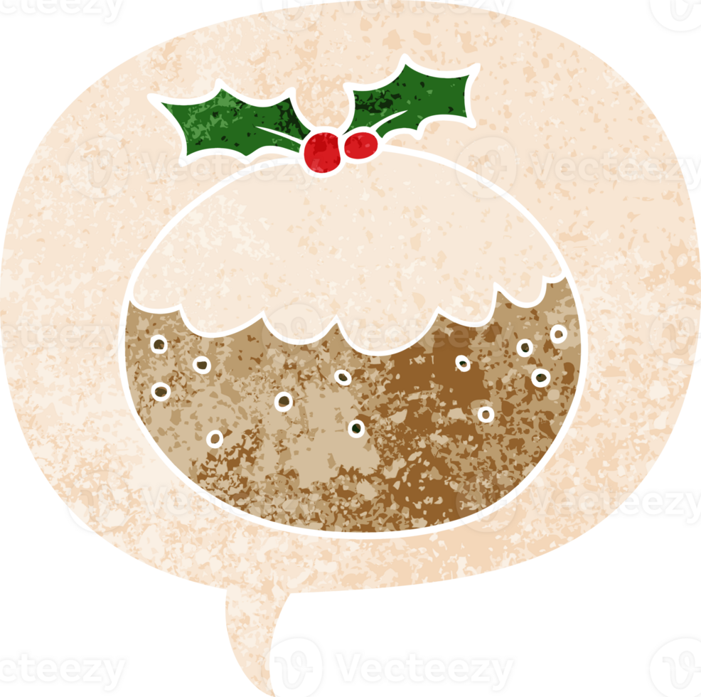 cartoon christmas pudding with speech bubble in grunge distressed retro textured style png